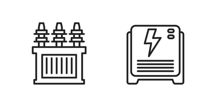 substation line icons, electric transformer and backup power generator vector