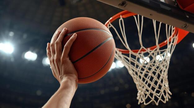 A hand holds a basketball near a hoop and net, with bright stadium lights blurring in the background, capturing a moment of intense game action. photo