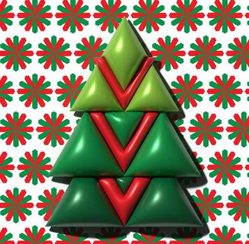 Abstract 3D image of a Christmas tree made of glossy green and red geometric shapes on a patterned background. 3D rendering illustration photo