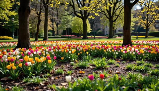 A quiet corner of a spring park where tulips and crocuses grow densely under leafy trees, without any people or animals. photo
