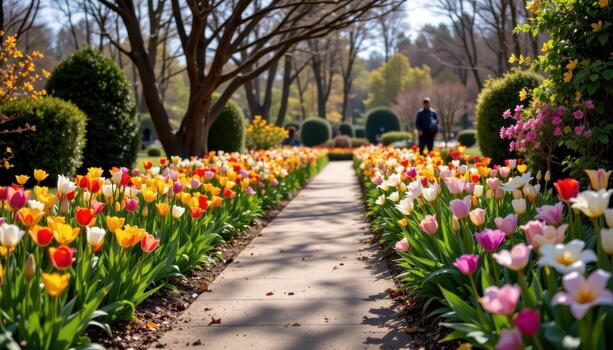 A tranquil botanical pathway lined with tulips and lilies beneath bright spring light, empty of humans or creatures. photo