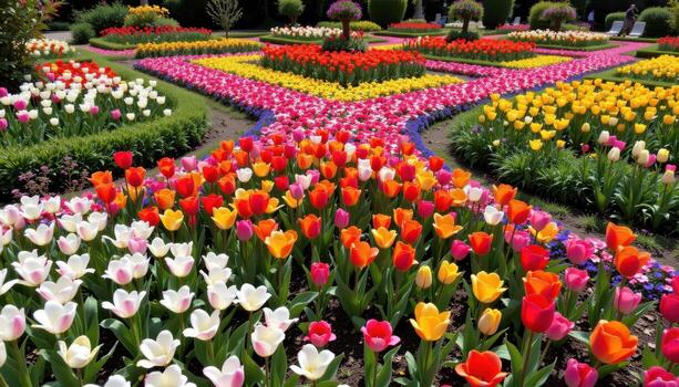 A tranquil garden filled with tulips and colorful blooms arranged in geometric patterns, no people or creatures. photo