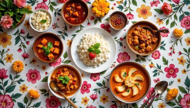 A bright table scene featuring Indian cuisine surrounded by intricate flower patterns, no life forms present. photo