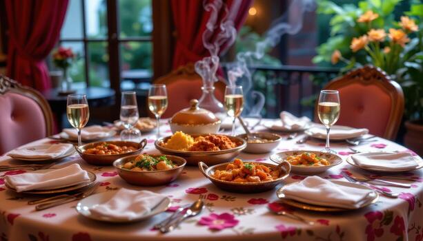 A luxurious dining setup of Indian food and bright flower patterns under soft light, no humans or creatures. photo
