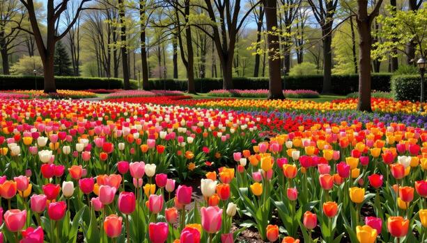 Tulips and spring blooms in vivid patterns fill a serene park surrounded by trees, no living beings. photo