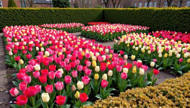 A meticulously arranged spring garden of tulips in geometric patterns surrounded by trimmed bushes, empty of life. photo