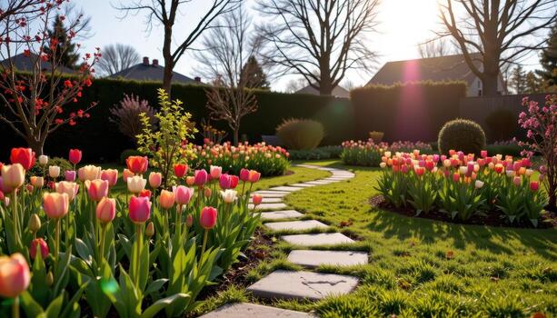 un minimalista jardín escena con tulipanes y limpiar Roca caminos debajo un amable primavera sol, No uno visible. foto