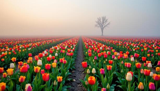 A panoramic field of tulips glowing under soft morning fog, completely empty. photo