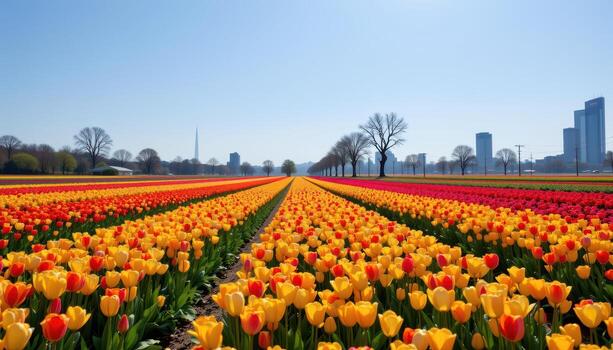 A tulip field stretching endlessly beneath a clear morning sky, peaceful and empty. photo
