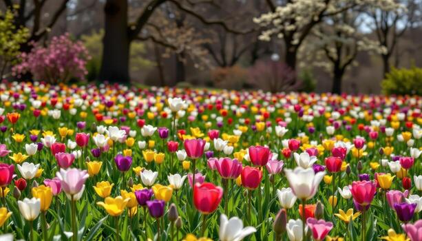 A lush spring meadow where tulips and other blossoms form natural patterns, no one around. photo