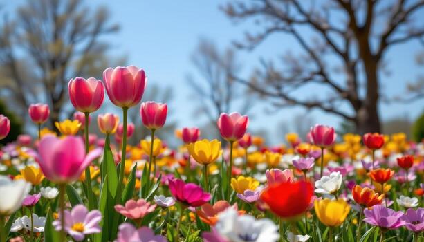 Tulips and anemones forming colorful clusters in a serene spring landscape, no life visible. photo