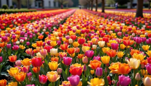 un magnífico primavera escena lleno con tulipanes y brillante flores formando olas de color, No vida formas visible. foto