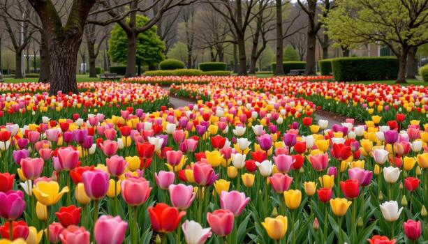 Tulips of every color bloom across a calm, open garden surrounded by trees and grass, no life present. photo