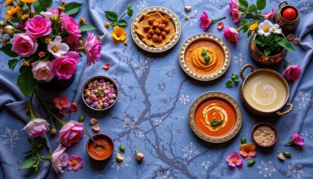 An ornate setting of Indian dishes complemented by detailed flower arrangements, no life forms visible. photo