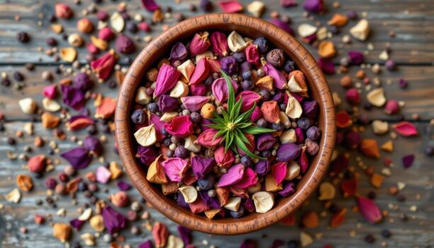 A top down view of a wooden bowl filled with dried petals and herbs, with scattered elements adding natural texture, no humans or animals. photo