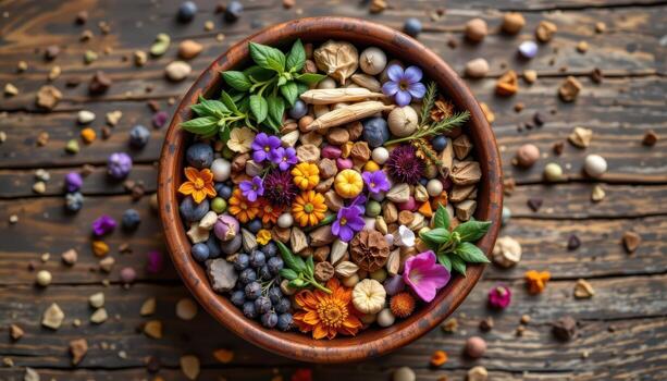 A top view of a wooden bowl filled with assorted dried herbs and blossoms arranged neatly, no humans or animals. photo