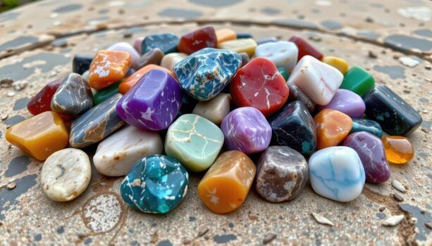 A pile of raw gemstones with rough textures and vibrant hues displayed on a stone table, no living beings. photo