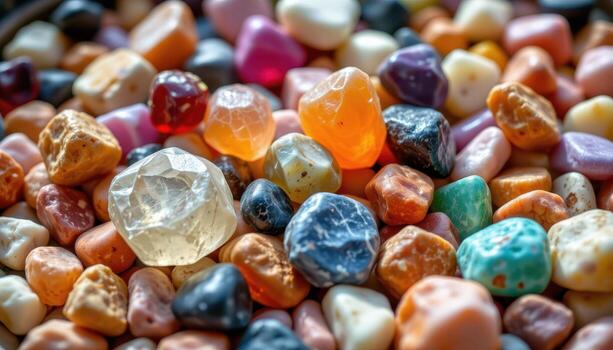 A pile of raw gemstones surrounded by soft, natural light, highlighting each stone's unique color and texture, no living beings. photo