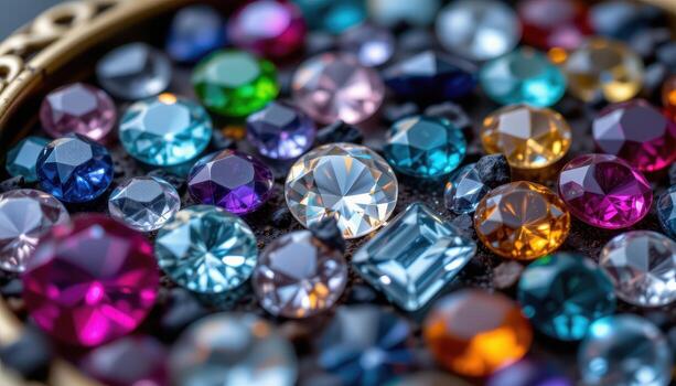 A close up of sparkling gemstones embedded in a decorative tray, showing detailed facets and reflections, no living beings. photo