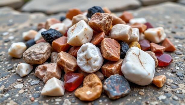 A pile of raw gemstones in earthy tones on a stone surface, capturing the rough textures and natural variations, no living beings. photo