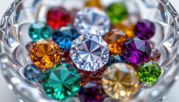 A detailed macro image of gemstones embedded in a crystal bowl, highlighting transparency and facets, no people or animals. photo