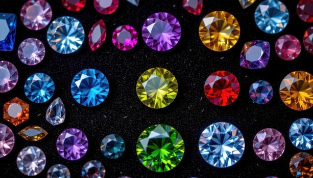 A top down view of assorted gemstones arranged in patterns on dark velvet, showing brilliance and saturation, no humans or animals. photo