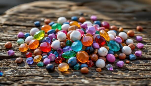 A pile of multicolored gemstones on a rustic wooden surface with soft light highlighting textures and colors, no living beings. photo