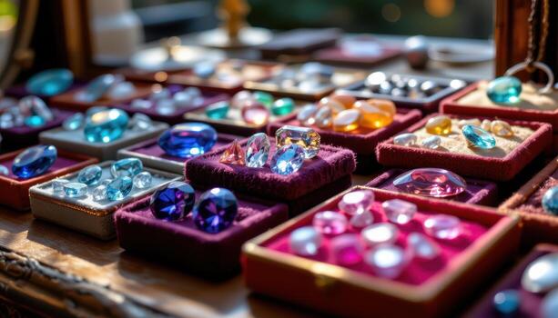 A luxurious display of gemstones in velvet lined boxes, catching sunlight and showing sparkle, no living beings. photo