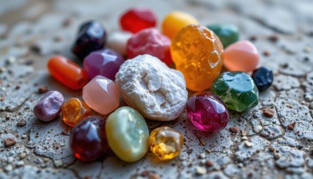 A close up of raw gemstones in natural colors on a textured surface, emphasizing irregular shapes and details, no living beings. photo