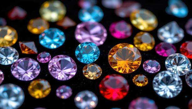 A close up macro image of gemstones scattered on black velvet, emphasizing clarity, color, and sparkle, no humans or animals. photo