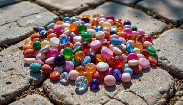 A pile of multicolored gemstones on stone tiles with sunlight highlighting textures and facets, no people or animals. photo