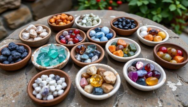 A variety of gemstones arranged in small bowls on a stone table, highlighting colors, textures, and transparency, no humans or animals. photo