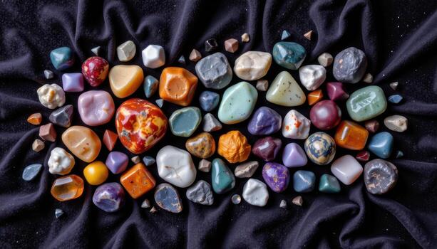 A top down view of raw gemstones scattered on dark velvet, showing intricate colors and textures, no humans or animals. photo