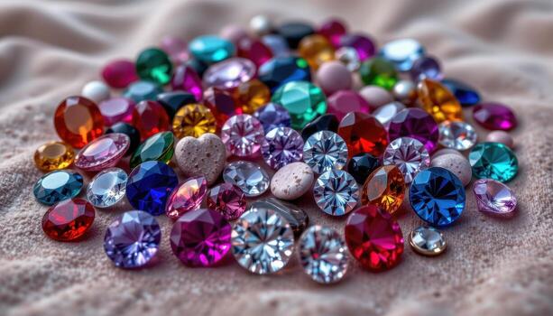 A pile of multicolored gemstones arranged artistically on velvet, highlighting facets, texture, and depth, no humans or animals. photo