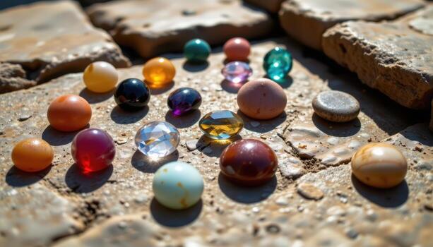A collection of polished gemstones on stone tiles with sunlight casting soft reflections and shadows, no living beings. photo