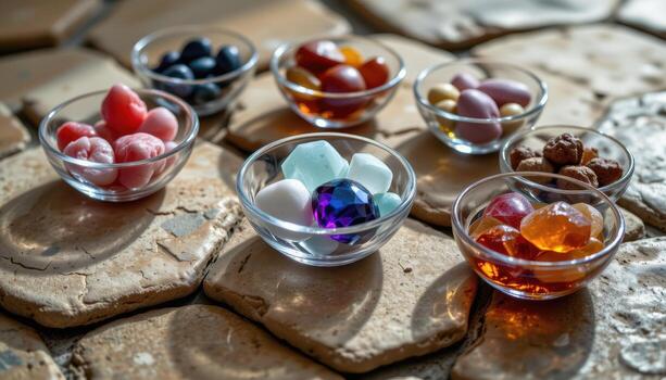 A collection of raw and faceted gemstones in glass bowls on stone tiles, with light enhancing textures and reflections, no humans or animals. photo