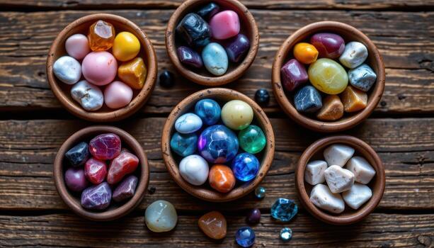 A collection of gemstones in small bowls on a rustic wooden surface, emphasizing textures and vibrant colors, no humans or animals. photo