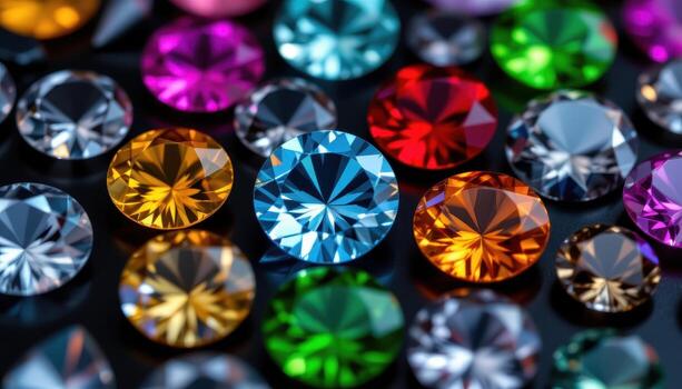 A macro shot of faceted gemstones on a black background, highlighting intricate cuts, reflections, and color saturation, no living beings. photo
