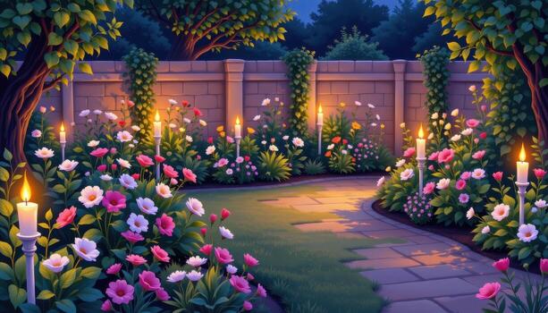 A tranquil garden illuminated by the soft glow of candlelight, with flowers and foliage casting gentle shadows, no people or animals. photo
