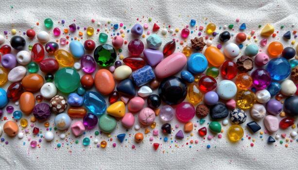 A top down view of gemstones arranged in small clusters on a linen cloth, highlighting their colors and textures, no people or animals. photo