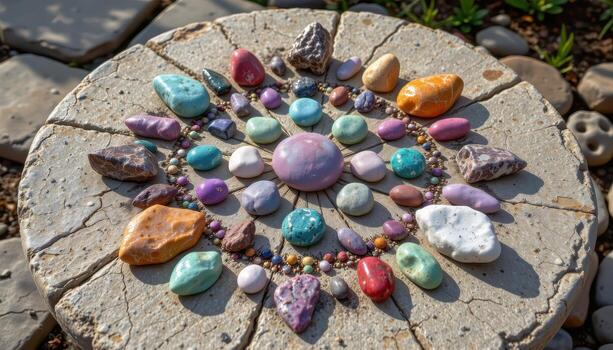 A collection of raw gemstones arranged in geometric patterns on a stone table, no living beings. photo