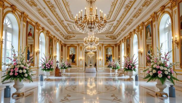 A decorative gallery with gilded walls, crystal chandeliers, and floral arrangements arranged strategically to complement the luxurious interior. photo
