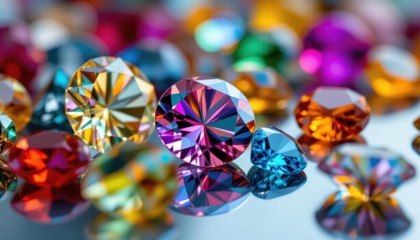 A macro shot of faceted gemstones on a mirrored surface, reflecting light, color, and intricate cuts, no humans or animals. photo
