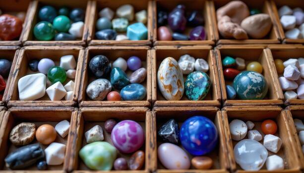 A variety of gemstones arranged in small wooden compartments, showing contrast of texture, color, and sparkle, no living beings. photo