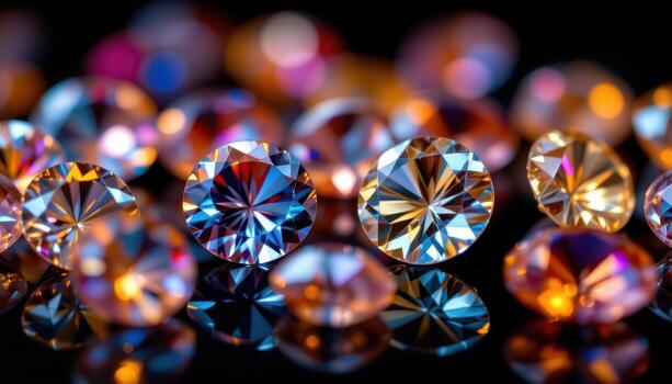 A macro shot of faceted gemstones reflecting warm light on a black background, showing brilliance, sparkle, and color depth, no people or animals. photo