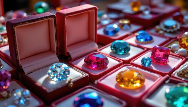 A luxurious display of gemstones in velvet lined boxes, catching sunlight and creating sparkling reflections, no living beings. photo