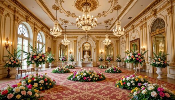 An ornate ballroom with chandeliers, golden moldings, and floral arrangements arranged in symmetrical patterns throughout the room. photo