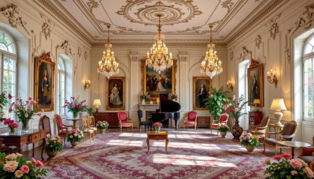 An opulent music room with rococo carvings, chandeliers, and floral arrangements scattered across the room, creating a lush and refined atmosphere. photo