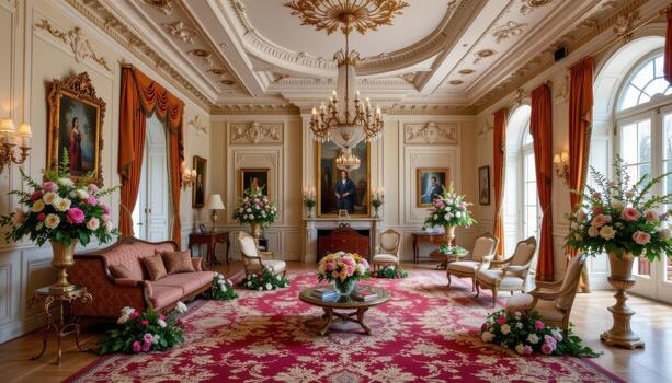 A stately drawing room with velvet drapery, intricate ceiling details, and floral arrangements arranged in elegant patterns throughout the space. photo