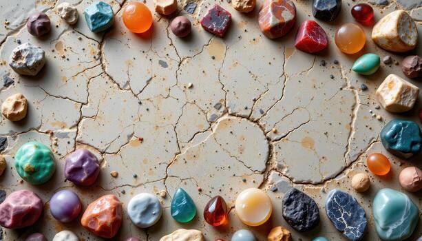 A collection of raw gemstones arranged in geometric patterns on a stone table, highlighting color contrasts, textures, and natural beauty, no living beings. photo